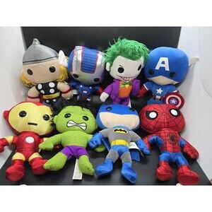 Lot of 8 Funko DC Marvel Plushies Thor Joker Batman Hulk Cpt. America Spider-Man